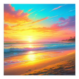 Beautiful Sunset on the Ocean Sandy Beach Photo Print