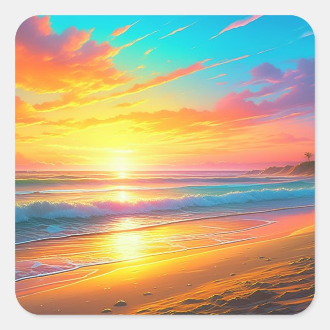 Beautiful Sunset on the Ocean Sandy Beach Square Sticker (Front)