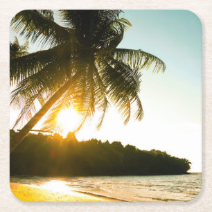 Beautiful Sunset on Tropical Beach with Palm Trees Square Paper Coaster