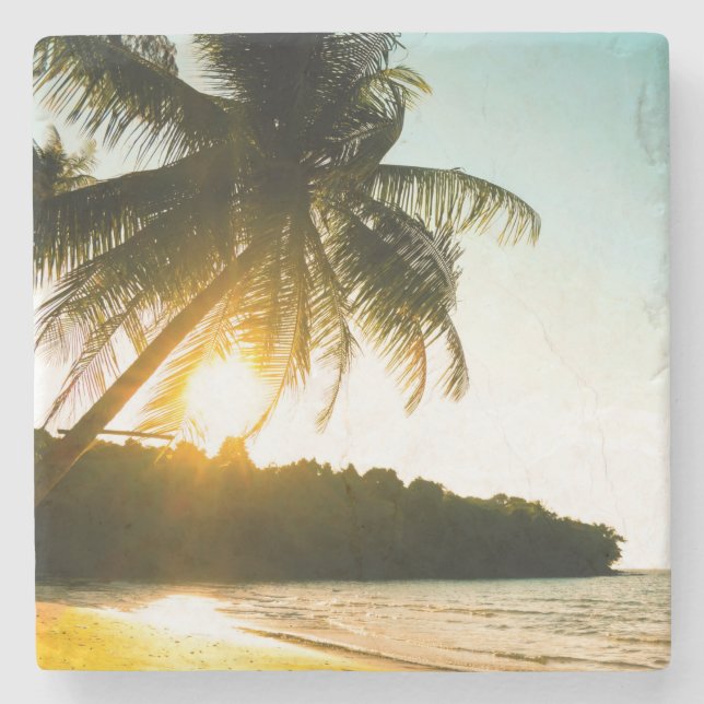Beautiful Sunset on Tropical Beach with Palm Trees Stone Coaster (Front)