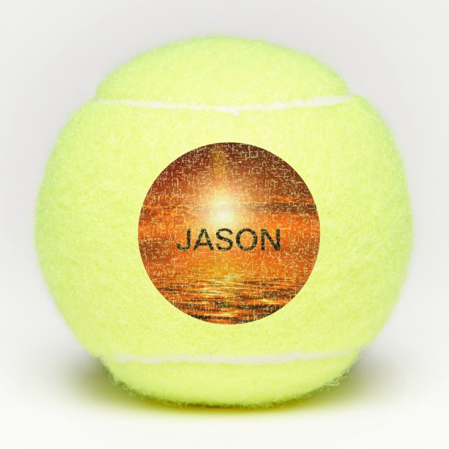 Beautiful Sunset Orange Golden Sky Sea Gold Name Tennis Balls (Front)