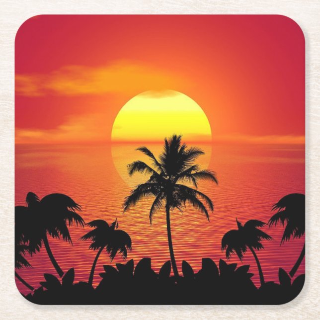 Beautiful Sunset Scene Palm Trees Bright Cool Square Paper Coaster (Front)