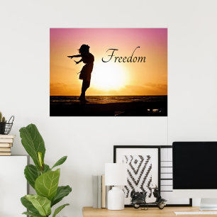 Beautiful Sunset with Girl Feeling Freedom Poster