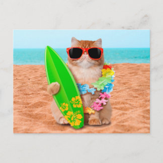 Beautiful surfer cat on the beach postcard