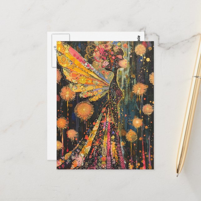Beautiful Surreal Colorful Dandelion Fairy Postcard (Front/Back In Situ)