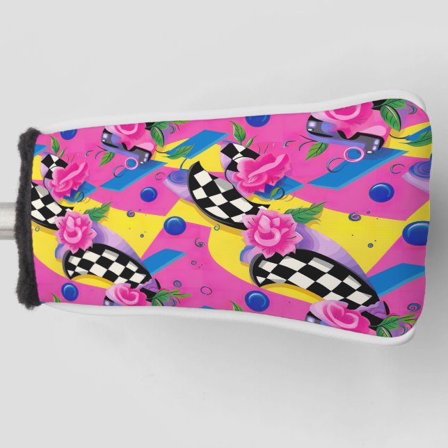 Beautiful Surreal Pink and Chequerboard Pattern Golf Head Cover (Front)