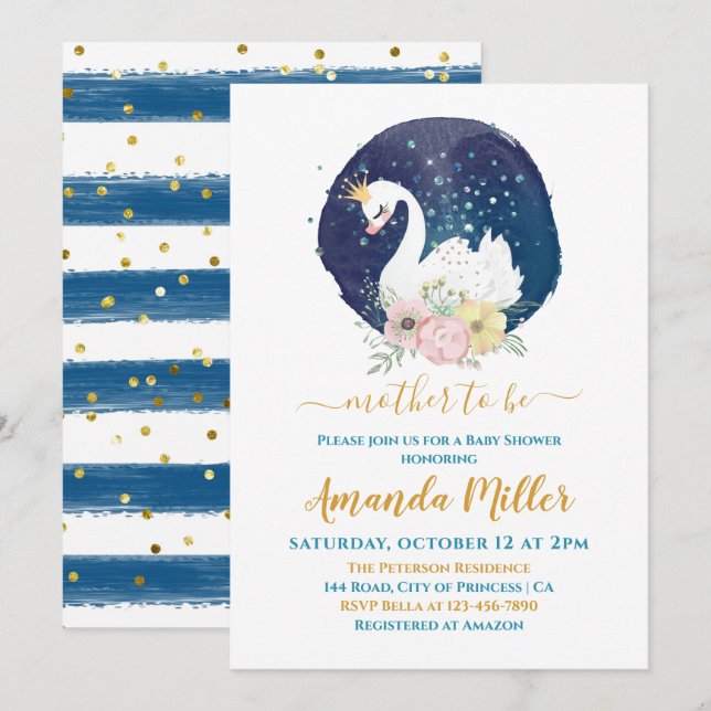 Beautiful Swan Delicate Navy Blue Boy Baby Shower Invitation (Front/Back)
