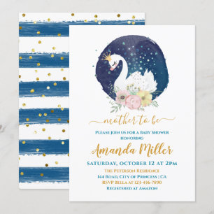 Beautiful Swan Delicate Navy Blue Boy Baby Shower Invitation
