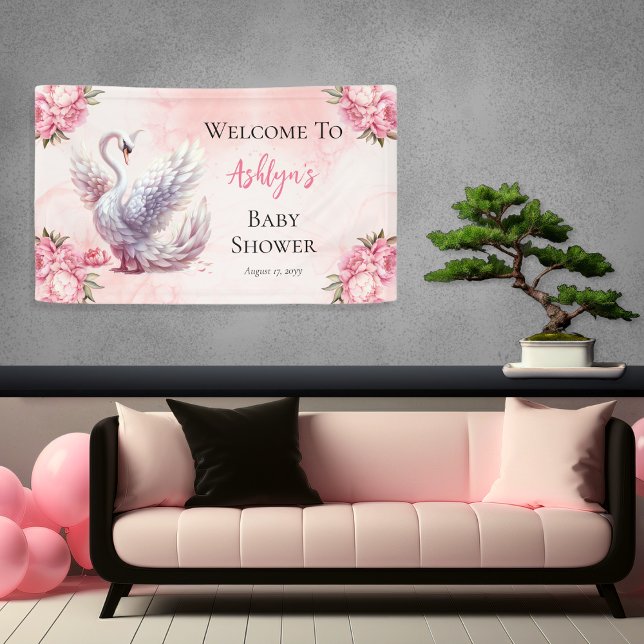 Beautiful Swan Pink Floral Girl Baby Shower Banner (Beautiful Swan Pink Floral Peonies Girl Baby Shower Banner)