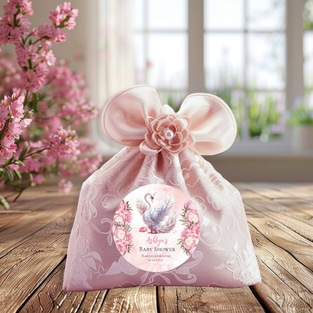 Beautiful Swan Pink Floral Girl Baby Shower Classic Round Sticker (Beautiful Swan Pink Floral Peonies Girl Baby Shower Favor Round Sticker)