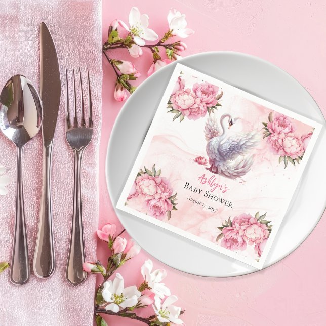 Beautiful Swan Pink Floral Girl Baby Shower Napkin (Beautiful Swan Pink Floral Peonies Girl Baby Shower Paper Napkins)