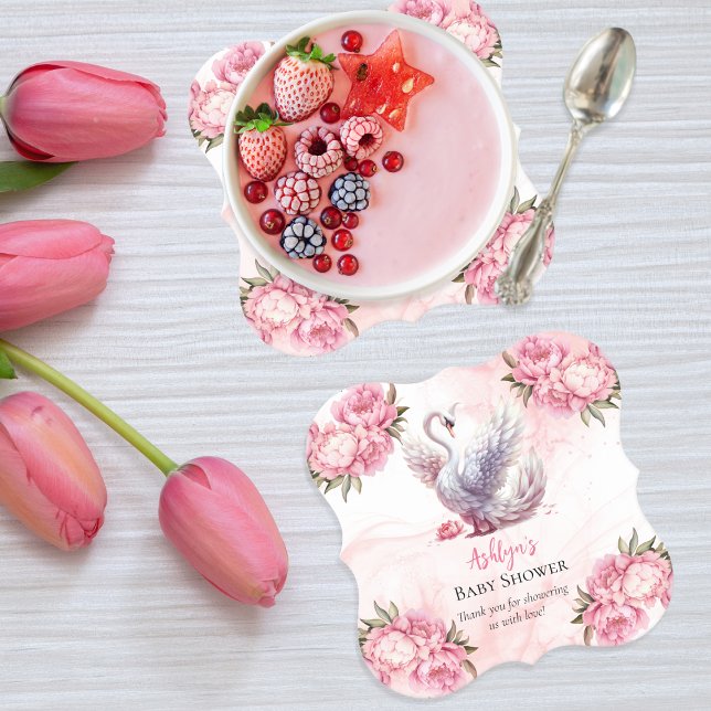 Beautiful Swan Pink Floral Girl Baby Shower Paper Coaster (Beautiful Swan Pink Floral Peonies Girl Baby Shower Coaster)