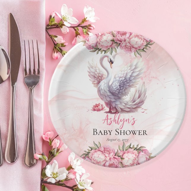 Beautiful Swan Pink Floral Girl Baby Shower Paper Plate (Beautiful Swan Pink Floral Peonies Girl Baby Shower Paper Plates)