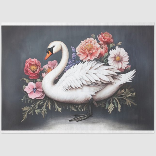 Beautiful Swan Vintage Flowers Painting Decoupage Tissue Paper (Front)