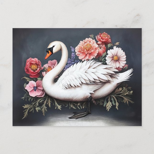 Beautiful Swan Vintage Flowers Painting Postcard (Front)