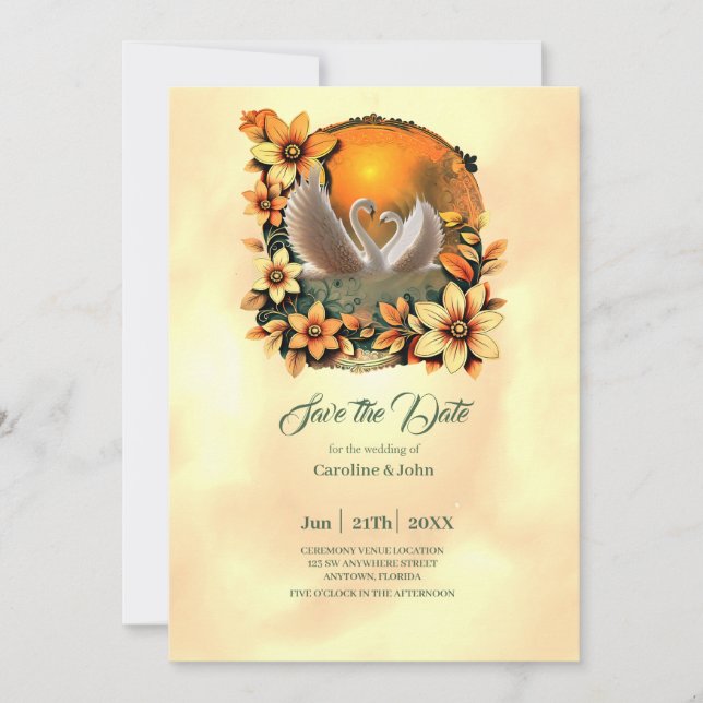 Beautiful swans in love. save the date (Front)
