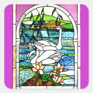 Beautiful Swans Stained Glass Art Square Sticker