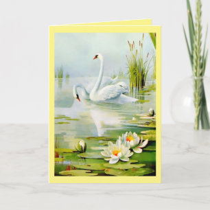 Beautiful Swans, Water Lilies, and Cattails Note Card