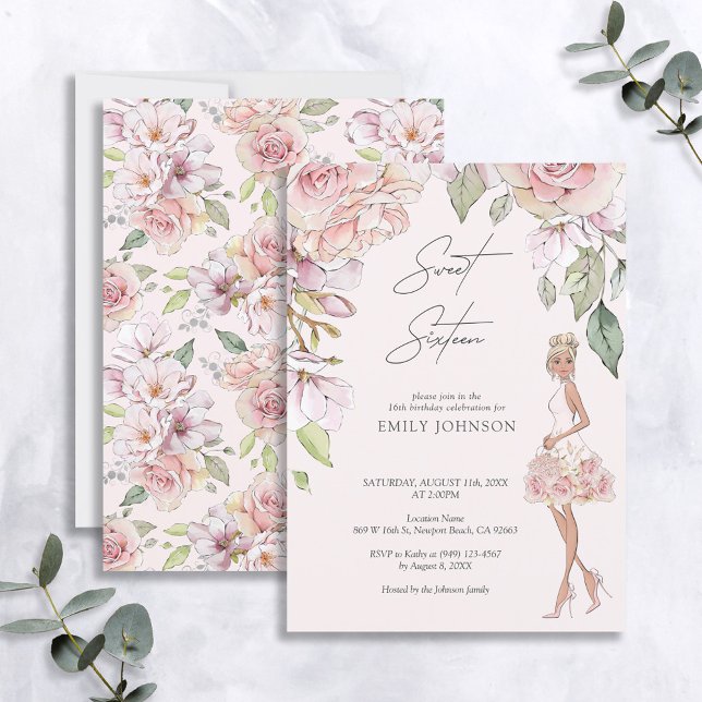 Beautiful Sweet Sixteen Pink Rose Floral Birthday Invitation (Creator Uploaded)