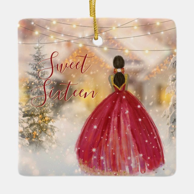 Beautiful Sweet Sixteen Winter Snow Christmas Ceramic Ornament (Front)
