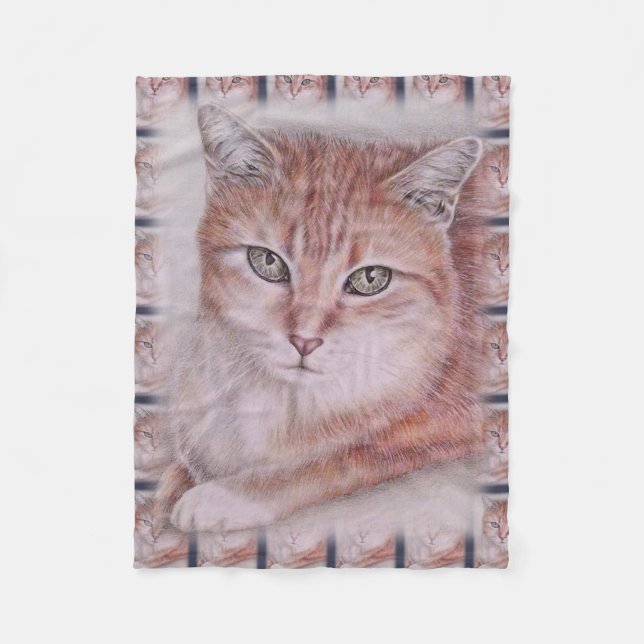 Beautiful Tabby Cat Art Drawing for Cat Lovers Fleece Blanket (Front)