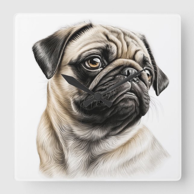 BEAUTIFUL TAN & BLACK PUG PUPPY DOG SQUARE WALL CLOCK (Front)