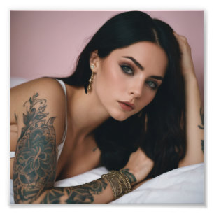 Beautiful Tattoo Girl Posing on Bed Photo Print