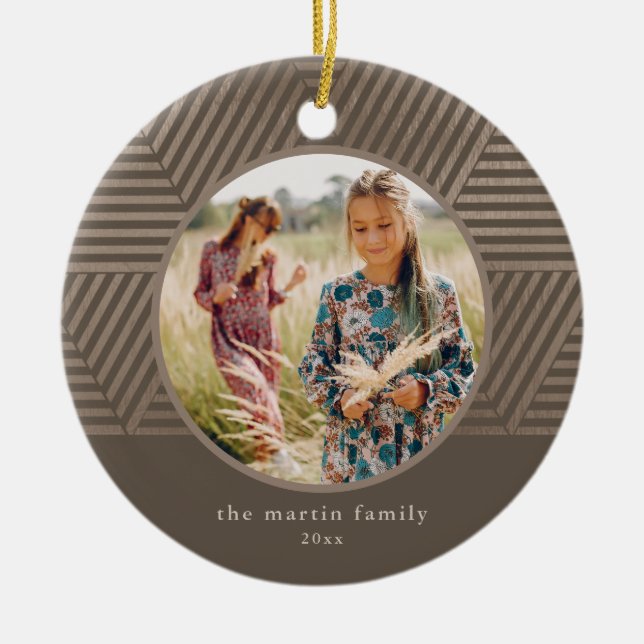 Beautiful Taupe Geometric Pattern Photo Christmas Ceramic Tree Decoration (Front)