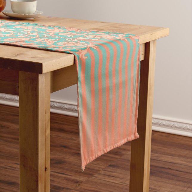 Beautiful Teal and Coral Damask Short Table Runner (In Situ)