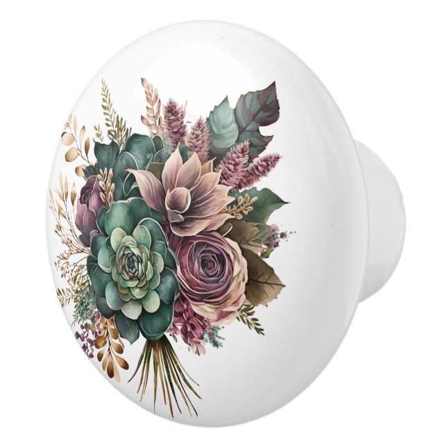 Beautiful Teal and Purple Mixed Floral Bouquet Ceramic Knob (Right)