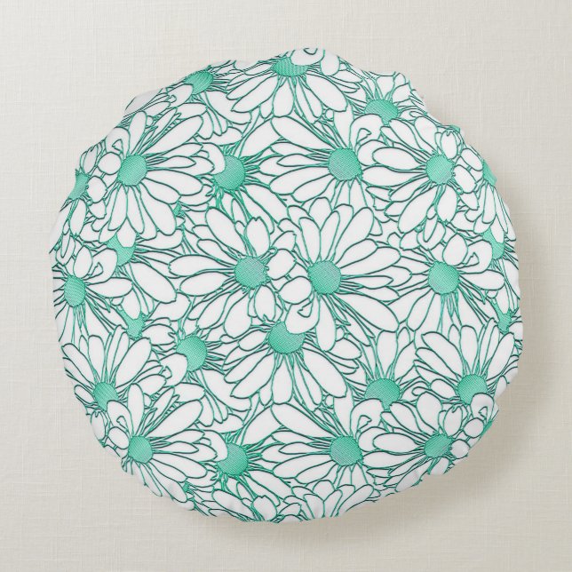 Beautiful Teal and White Floral Design Round Cushion (Back)