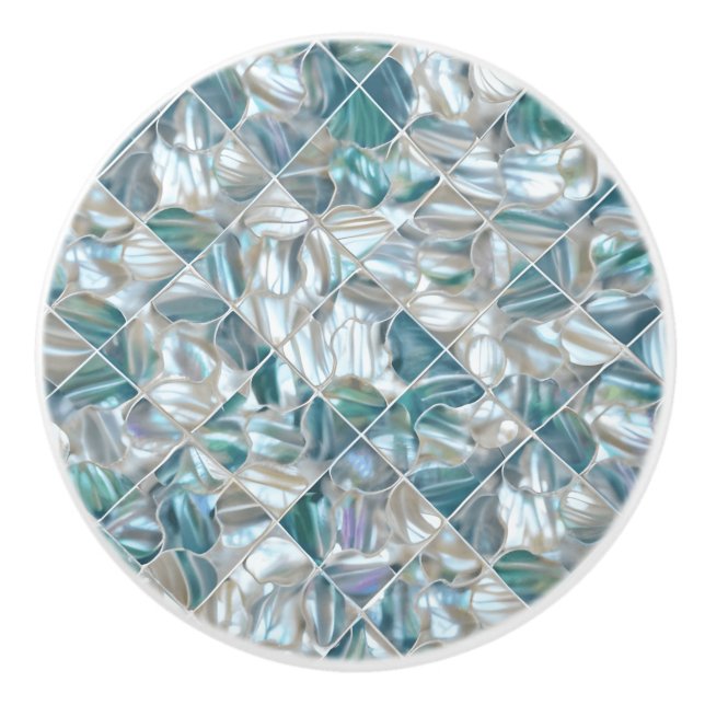 Beautiful teal blue offwhite pearl inspired ceramic knob (Front)