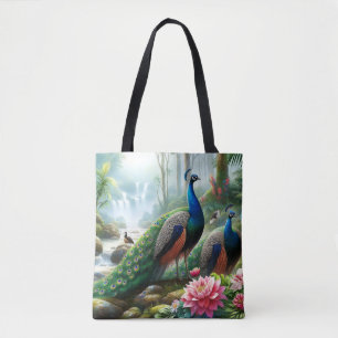 Beautiful Teal Blue Peacock with Flowers Tote