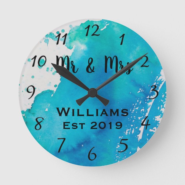 Beautiful Teal Blue Watercolor Personalized Custom Round Clock (Front)