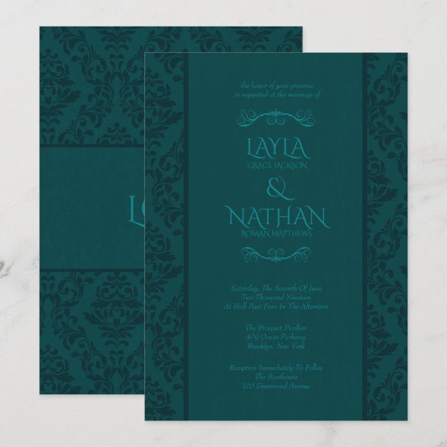 Beautiful Teal Damask Wedding Invitations (Front/Back)