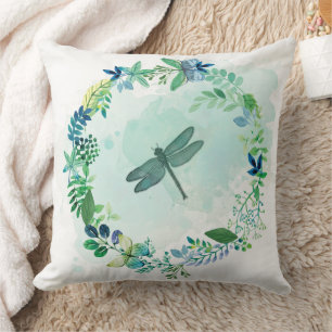 Beautiful Teal Dragonfly Butterflies Mixed Flowers Cushion