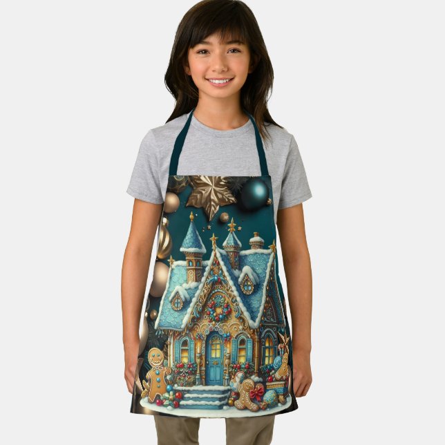Beautiful Teal Gingerbread House Teal Decorations Apron (Insitu)