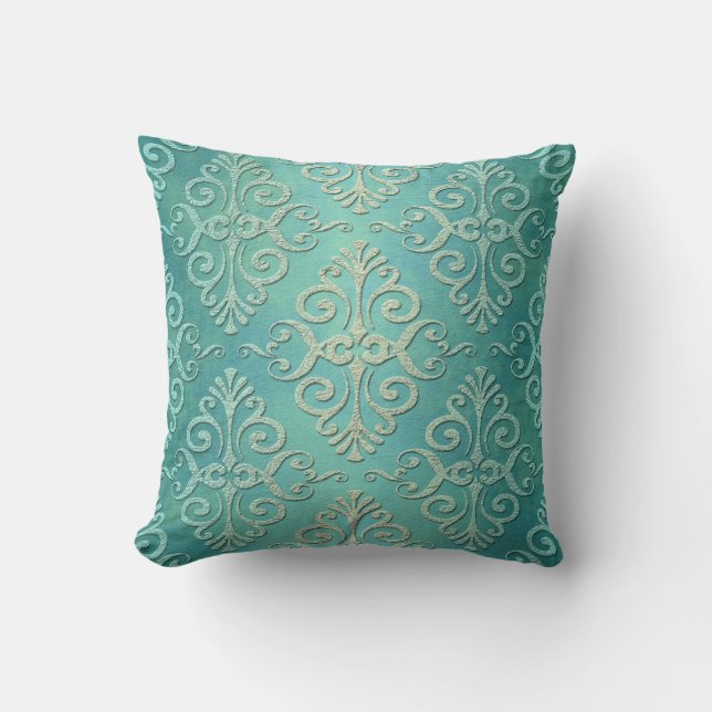 Beautiful Teal Green Distressed Damask Cushion (Front)