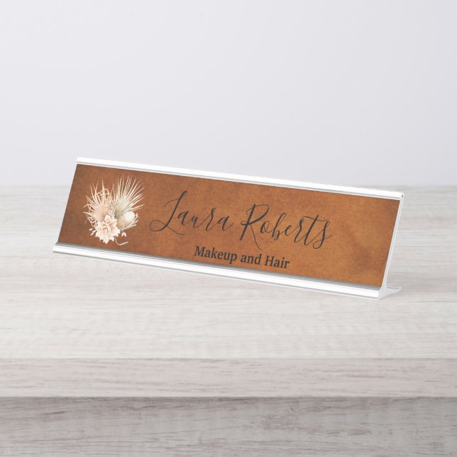 Beautiful Terracotta Boho Floral Pampas Business Desk Name Plate (Front)