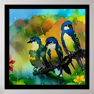 Beautiful Three Colourful Birds Sitting On Branch Poster