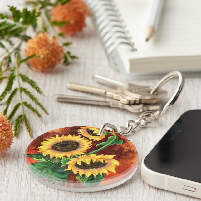 Beautiful Three Sunflowers - Migned Art Painting Key Ring (Front Right)
