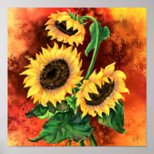 Beautiful Three Sunflowers - Migned Art Painting Poster