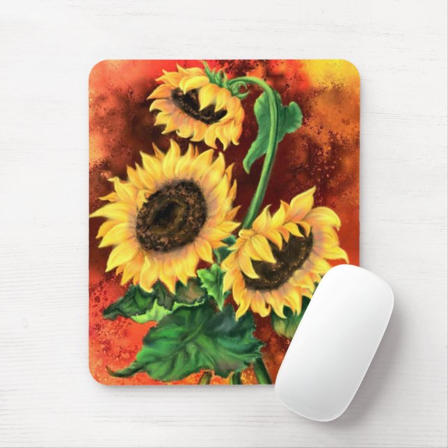 Beautiful Three Sunflowers Painting Mouse Pad (With Mouse)