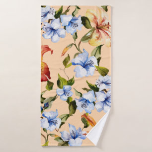 Beautiful tiger lilies and small blue flowers on t bath towel