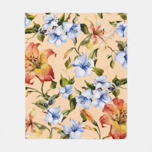 Beautiful tiger lilies and small blue flowers on t fleece blanket