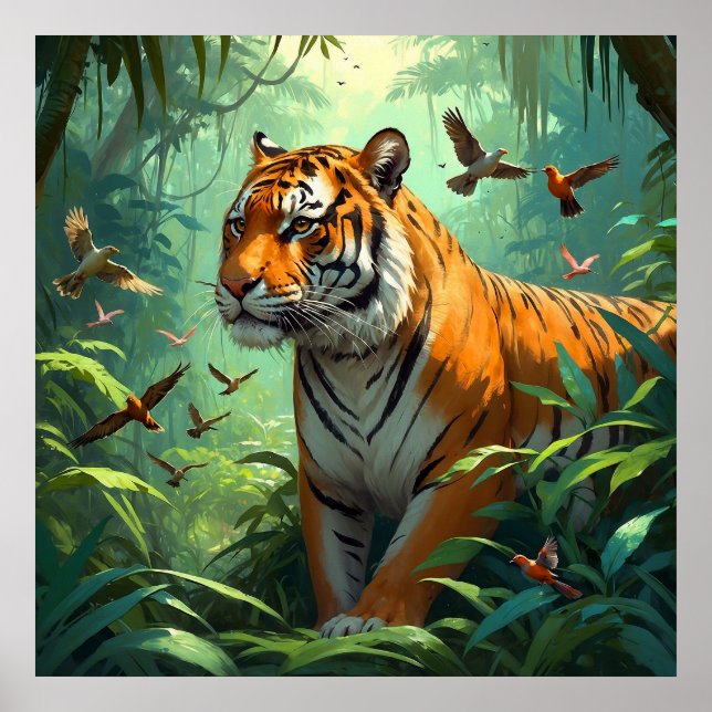 Beautiful Tiger with Birds in Jungle Poster (Front)