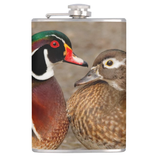 Beautiful Touching Moment Between Wood Ducks Hip Flask (Front)