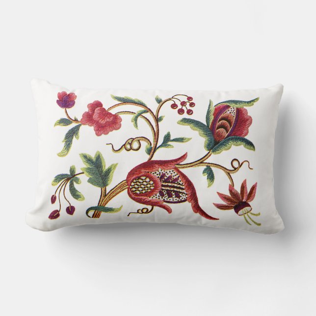 Beautiful Traditional Jacobean Crewel Embroidery Lumbar Cushion (Front)