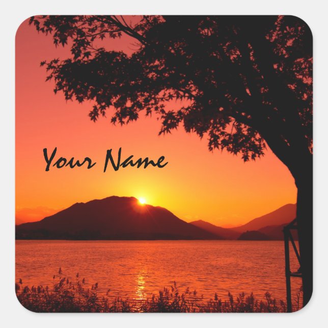 Beautiful Tranquil Orange Sunset Lake Mountain Square Sticker (Front)
