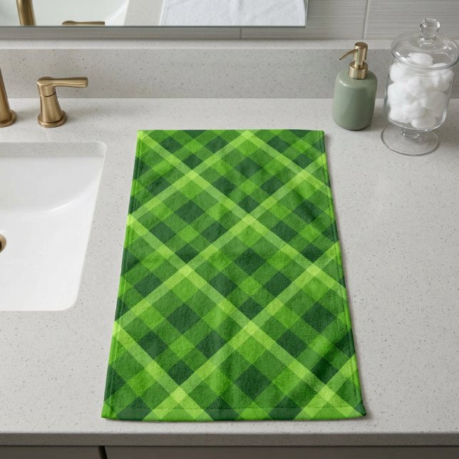 Beautiful Tree Green Plaid Hand Towel (Beautiful Tree Green Plaid Hand Towel laying flat on a bathroom counter.)